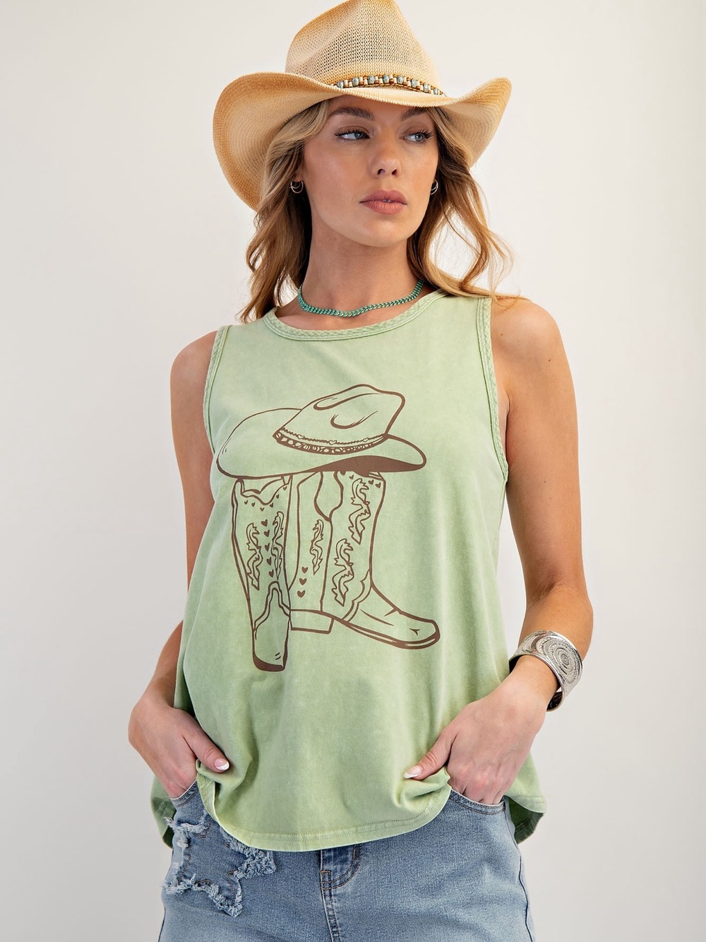 easel Light Green Graphic Cowboy Boots Tank Top